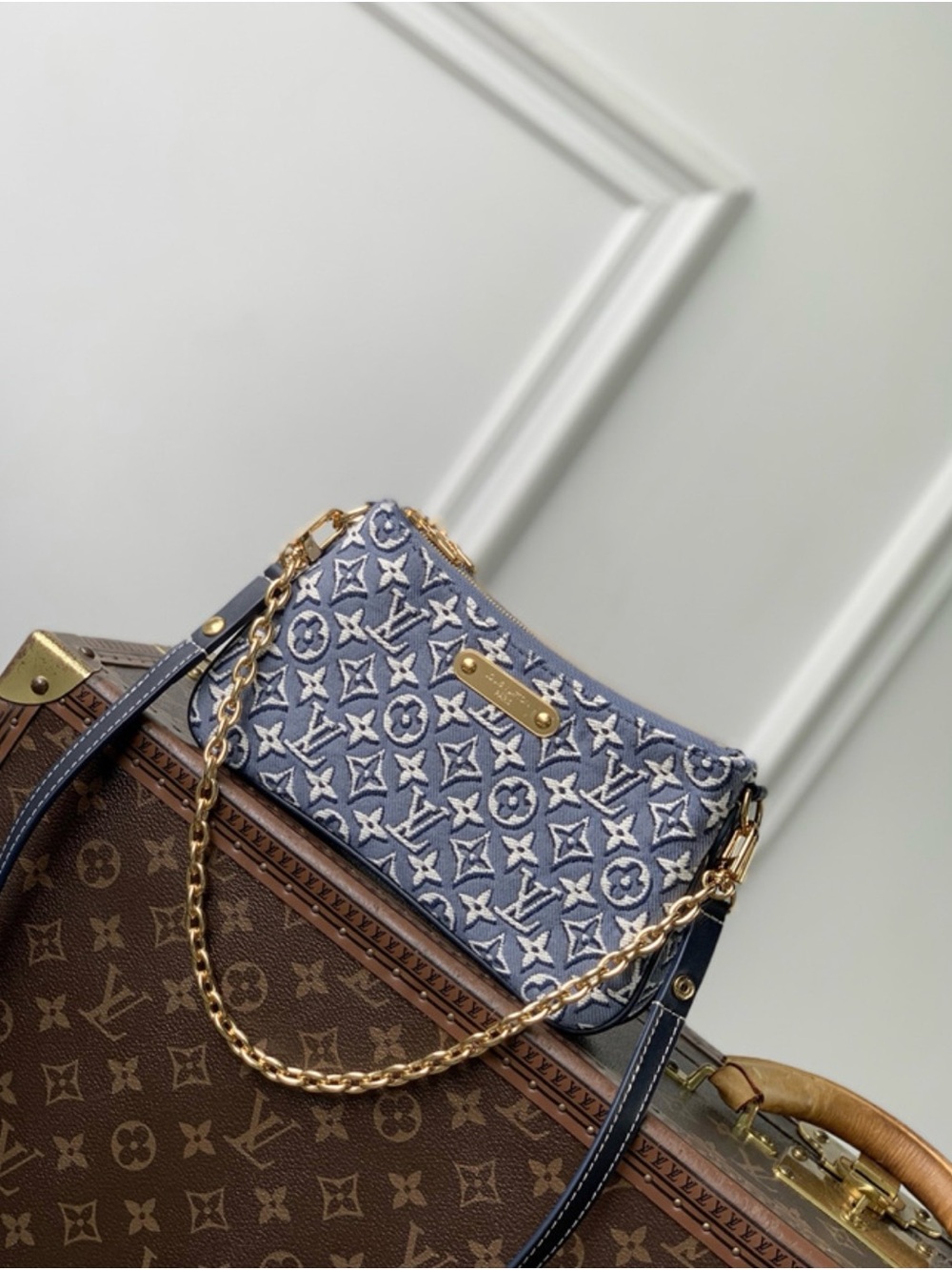 Louis Vuitton Blue Denim Monogram Mini Bag with Gold Chain
